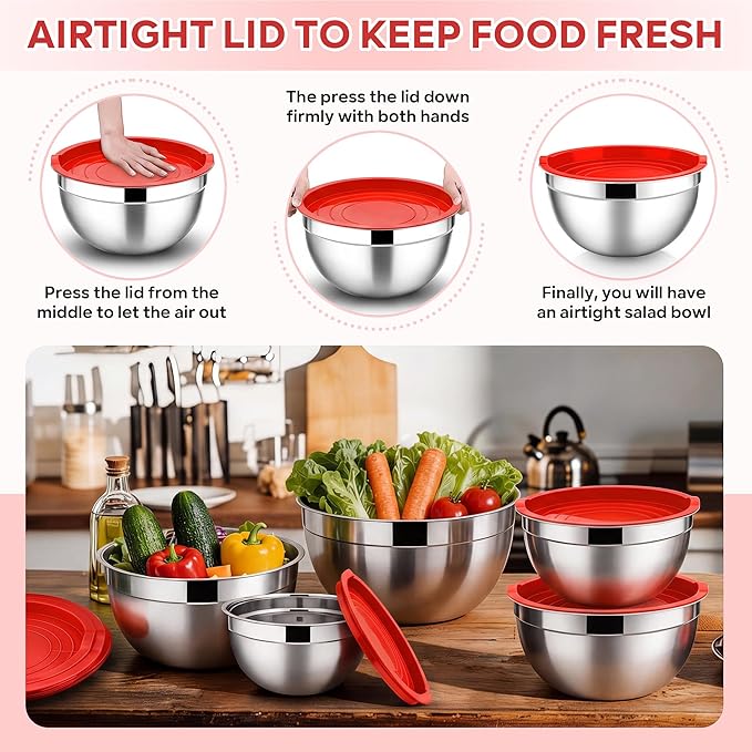 E-far Mixing Bowls With Lids Sets of 5, 10-Piece Stainless Steel Salad Metal Nesting Bowl for Baking Cooking and Prepping, Airtight Lid & Stackable Design, Size 4.6, 3, 2.1, 1.5, 0.7 QT, Red
