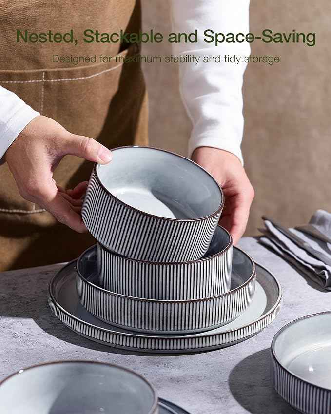 Famiware Star Dinnerware Set with Mugs, Service for 6 (24 Pieces), Ribbed Stoneware Plates and Bowls Dishes Sets - Chip & Scratch Resistant, Microwave & Dishwasher Safe, Smoky Blue