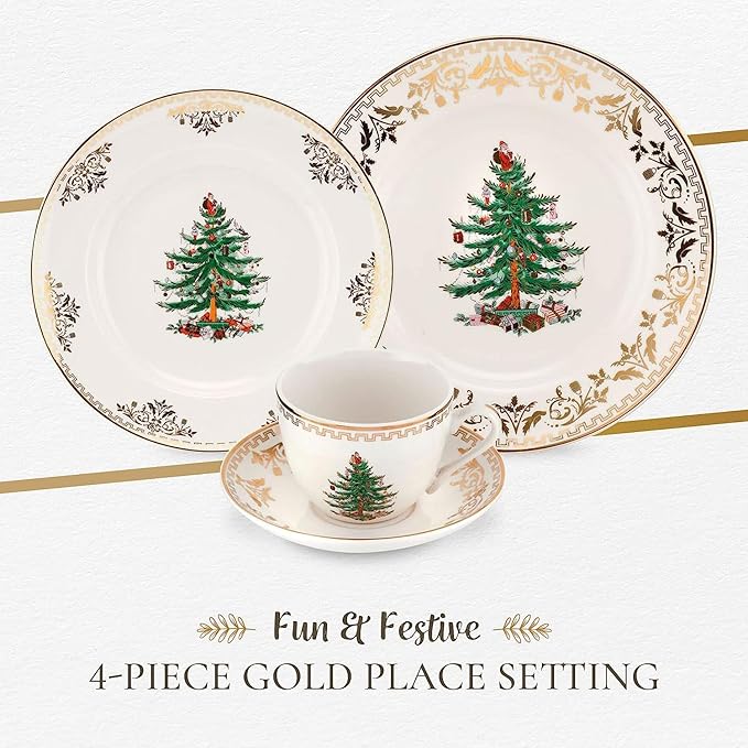 Spode Christmas Tree Gold 4-Piece Holiday Dinnerware Set - Fine Earthenware Tableware with 22K Gold Accents - Dinner Plate, Salad Plate, Teacup & Saucer - Festive Christmas Tableware, Dishwasher Safe