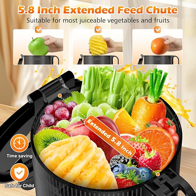 Juicer Machines with 5.8" Extra Large Feed Chute, Cold Press Juicer Fit Whole Vegetables and Fruits, 400W Professional Masticating Juicer Easy to Clean for Batch Juicing (Silver)