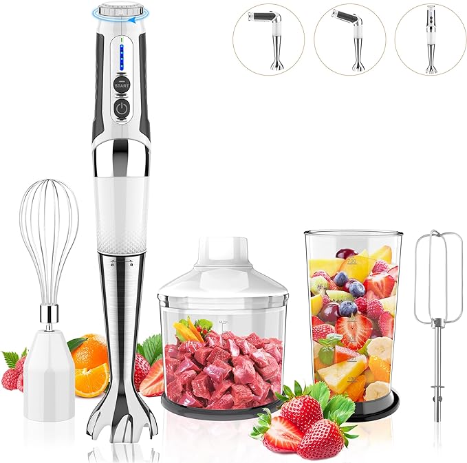 Toogel Cordless Immersion Blender, 4-in-1 Electric Hand Blender with 21-Speed & 3-Angle Adjust, USB Rechargeable, BPA-Free & Dishwasher Safe for Baby Food, Smoothies, Soup (White)