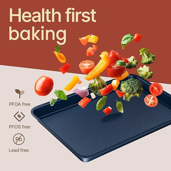BAKKEN Kitchen Baking Pan - Small, Medium, and Large Cookie Sheet (13.58×9.65, 15.75×11, 17.91×12.60), Nonstick, Diamond Texture Bottom, PFOA, PFOS, PTFE Free, Oven Safe Tray (450°F), Pack of 3, Blue