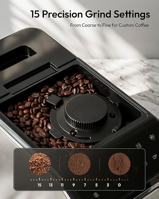 EUHOMY Fully Automatic Espresso Machine, 20 Bar Coffee Maker with Grinder and Integrated Milk Frother, Automatic Espresso Machine with Touch Screen, 15-Grind Settings Coffee Machine for Home, Silver