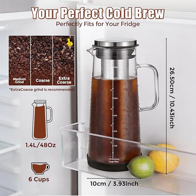 Cold Brew Coffee Maker 1.4L/48oz with Extended Filter & 2 Pcs Stainless Steel Espresso Cup (White), Coffee Brewing Set with Cleaning Brush, Stirring Spoon & 3.4oz/100ml Dual Scale Measuring Cup