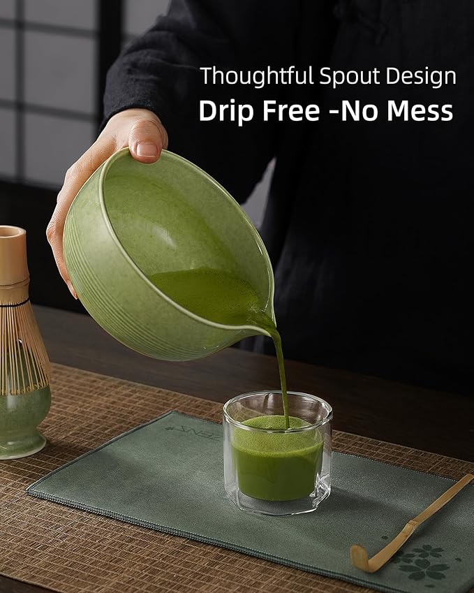 ZENS Matcha Whisk Set, 5pcs Matcha Kit Set Includes Ceramic Bowl, Handcrafted Bamboo Whisk and Chasen Holder, Scoop & Tea Mat, Matcha Tea Ceremony Gift for Matcha Lovers, Emerald Green