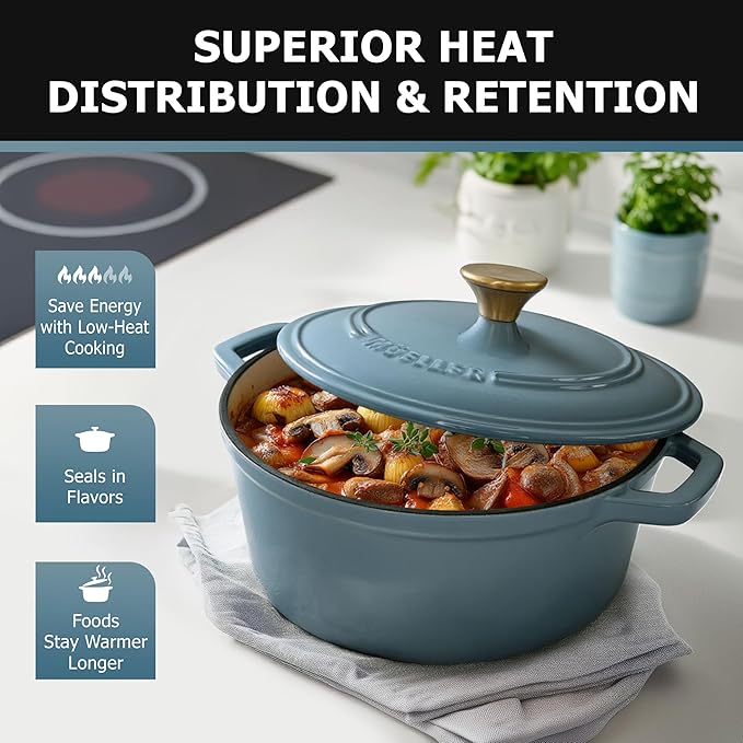 MUELLER HOME 6 Quart Enameled Cast Iron Pot Dutch Oven, Heavy-Duty, Oven-Safe up to 500° F & Across All Cooktops, Bread Pan with Lid & Knob, Cast Iron Cookware, Blue Kitchen Accessories, Mineral Blue