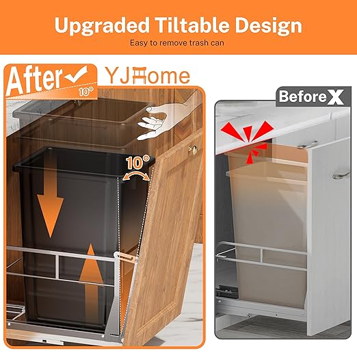 YJHome Pull Out Trash Can Under Cabinet with Tiltable 10° & 40Qt Garbage Can, Cabinet Trash Can Pull Out Kit, Easy to Take Out Bin for Minimum Cabinets Opening 12" W