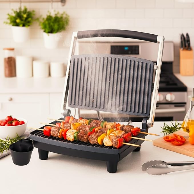 Panini Press Gourmet Grilled Cheese and Sandwich Maker - Electric Indoor Grill with Drip Tray for Healthy Cooking Options (Silver)