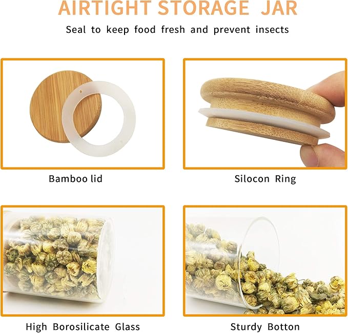 VIKEYHOME 18 pcs Glass jars Set, 12 set - 6oz Spice Jars Set with Bamboo Lids, 6 pcs Small Condiments Wooden Spoons, Airtight Glass Food Cereal Storage Containers for Kitchen (Set of 18, 6oz)