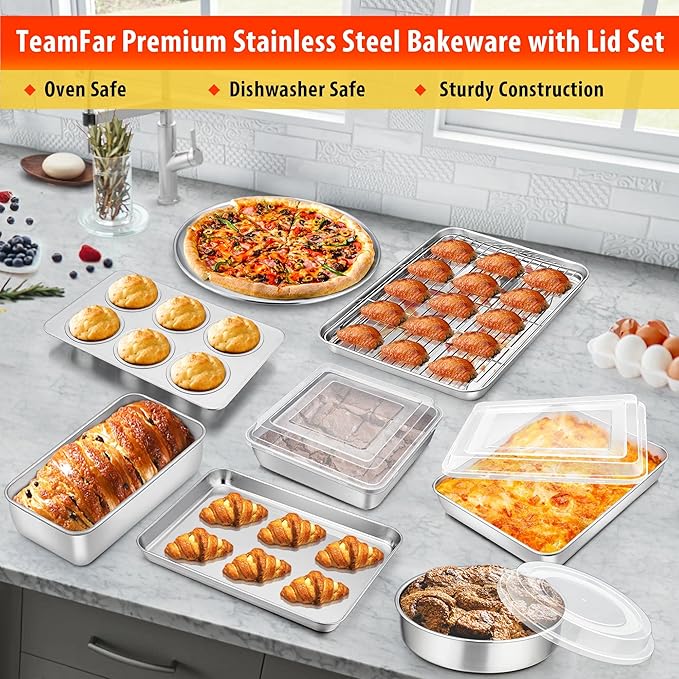 TeamFar Stainless Steel Bakeware Sets, Baking Sheet with Rack, Toaster Oven Pan & Pizza Pan, Lasagna Pan with Lids, Square & Round Cake Pan with Lids, Muffin & Loaf Pan, Healthy