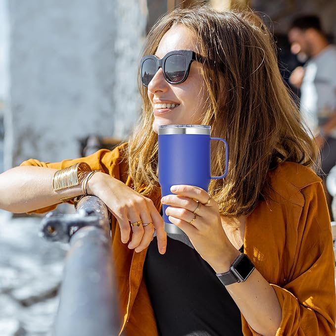 20 oz Stainless Steel Tumbler with Handle Bulk Metal Insulated Tumblers Travel Coffee Mug with Handle Double Wall Tumbler Cup with Lid and Straw, Blue 6 Pack