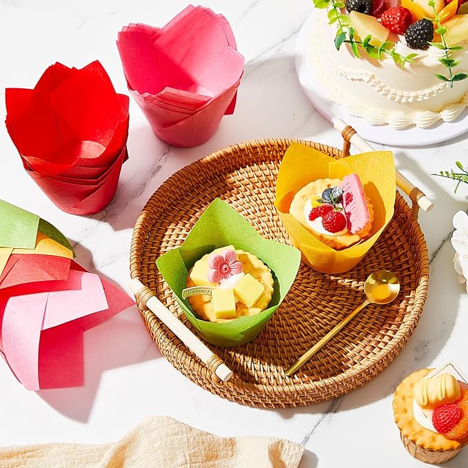 Motiskyy 300 Pcs Jumbo Muffin Liners for Baking 2-1/4" x 4" Large Tulip Cupcake Liners Greaseproof Cupcake Wrapper Paper for Weddings Birthday Christmas Anniversaries Party (Green,Red,Yellow,Pink)