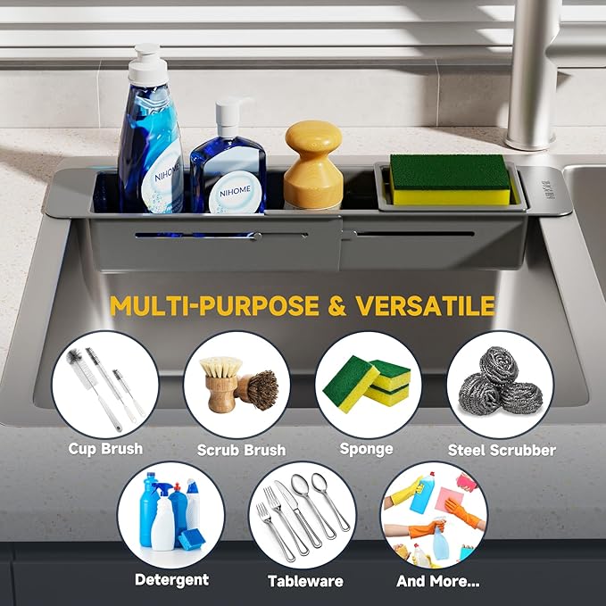 NiHome Extendable Over Sink Kitchen Organizer, Small Telescopic Brush Storage Rack for Sponge, Non-Slip Pads Expandable Sink Caddy, Adjustable Sponge/Brush Rack with Drainage Durable ABS (Dark Gray)