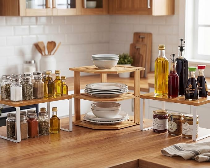 Nuanchu 3 Pcs Cabinet Organizer Shelf Bamboo Corner Rack for Kitchen Counter and Kitchen Counter Shelves for Storage Plates Dishes Bowls Bread Spice Rack Stackable Expandable