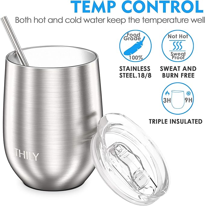 THILY Metal Insulated Stemless Wine Glasses 4 Pack Stainless Steel Wine Tumbler with Lid and Straw, Travel Cup Set, Reusable, Keep Cold & Hot for Wine, Coffee, Drinks, Silver