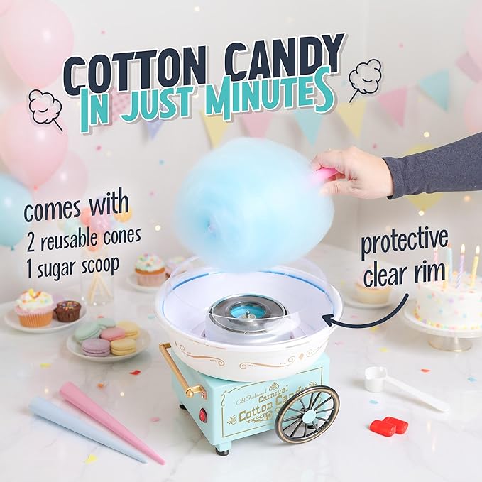 Nostalgia Vintage Hard and Sugar Free Candy Countertop Cotton Candy Maker, Includes 2 Reusable Cones And Sugar Scoop – Aqua