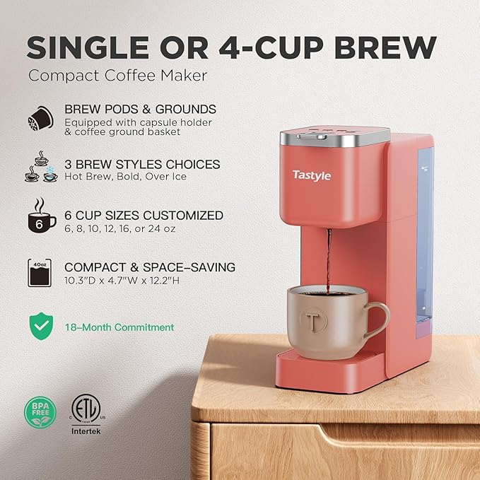 Tastyle Single Serve Coffee Maker, Iced and Hot Coffee Machine for K Cup & Grounds, Compact Design, 40oz Removable Water Reservoir, 6 to 24 Oz Brew Sizes, Fits 7.3" Travel Mug, Salmon