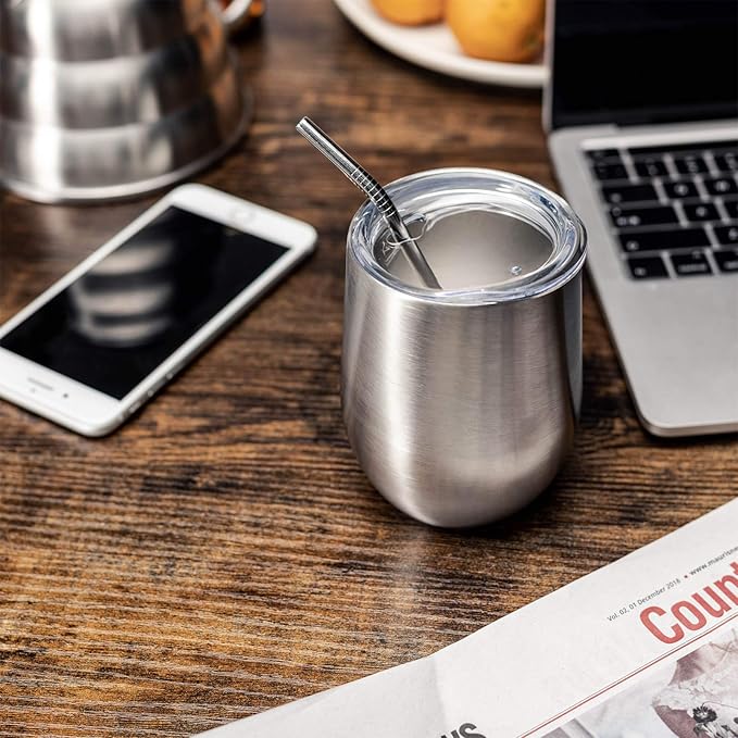 COMOOO 12oz Insulated Wine tumbler with Lid, Stainless Steel Stemless Wine Tumbler Glass,Double Wall Vacuum Wine Tumbler Cups with Straw for Coffee, Cocktails,Beer,Champaign Silver, 4 Pack