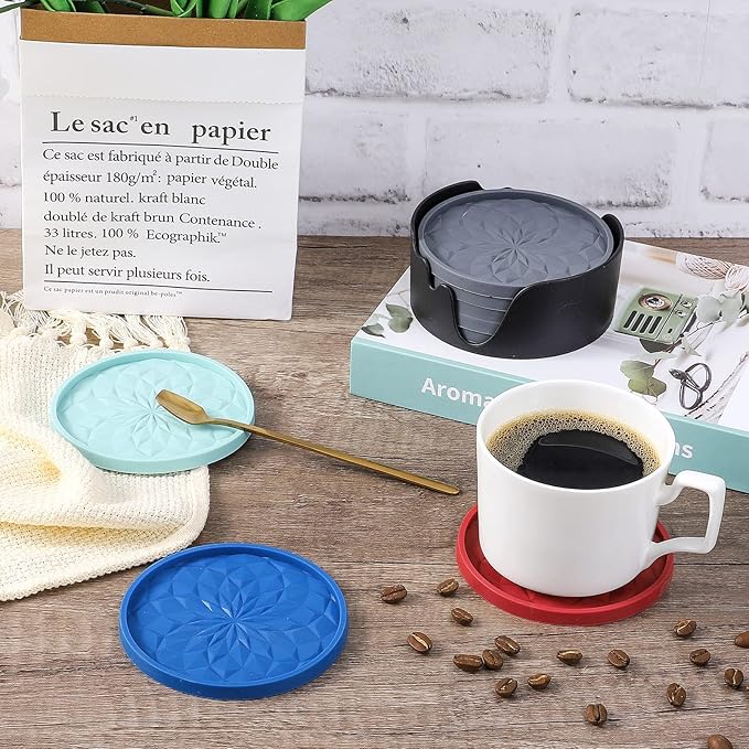 ME.FAN Silicone Coasters with Holder,[6 Pack] Drinking Coasters - Cup Mat for Hot or Cold Drinks, Thickened, Non-Slip, Non-stick,Deep Tray Mint Green