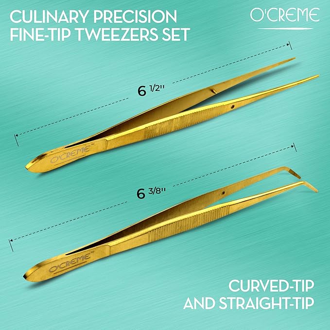 O'Creme Gold Stainless Steel Precision Kitchen Culinary Fine-Tip Tweezer Tongs, 1 Curved and 1 Straight