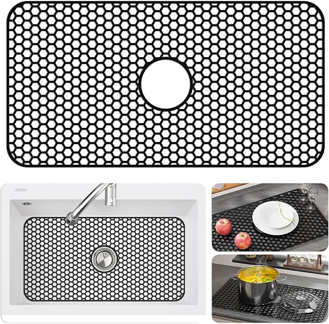 Bestjing Silicone Sink Protectors for Kitchen Sink with Center Drain - 29.7"x 15.5" Kitchen Protector Accessory, Non-Slip Heat Resistan Mat for Bottom of Farmhouse Stainless Steel Porcelain (Black)