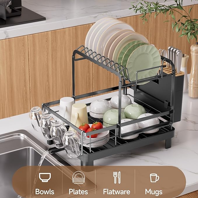 Runnatal 2-Tier Dish Drying Rack, Large Dish Rack with Drainboard Set, Detachable 4-in-1 Large Capacity Dish Drainer Over The Sink Anti-Rust for Kitchen Counter, Black