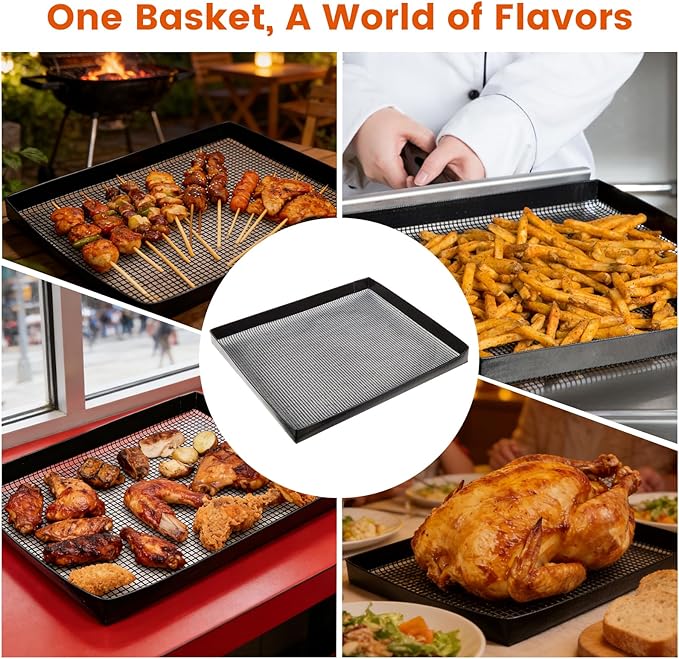 Professional-Grade 2-Pack PTFE Mesh Oven Baskets, 13.5x14.5x1 Inch Non-Stick Solid Oven Trays for Commercial Kitchens & High-Volume Cooking