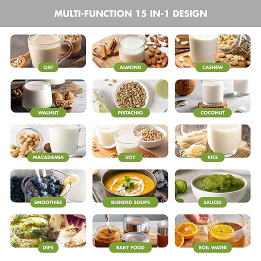 GreenPan Nut Milk Maker, 15-in-1 Homemade Soy, Almond, Oat, Coconut, Non-Dairy, Rice, Soup, Baby Food, BPA-Free, Smooth Creamy Texture, Self Clean, Barista Quality Milk, Delay Start, Boil Water, Cream