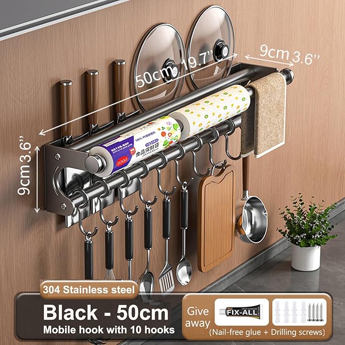 Hanging Wall Mount Knife Wall Mount,Kitchen Utensil Hanger,Space-Saving Kitchen Utensil Rack with Hooks,Kitchen Storage Shelf for Utensils Spatula Spoon, Easy to Clean (Grey, 50CM+10Hook)