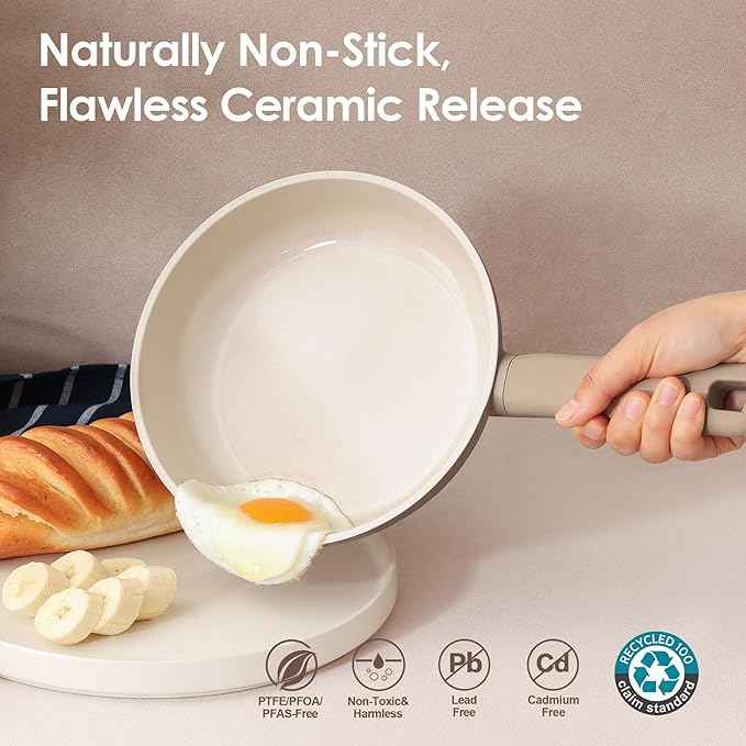 SENSARTE Ceramic Nonstick Pots and Pans Set 17pcs, Healthy Induction Cookware Set, Nontoxic Kitchen Cooking Set with Skillets & Saucepans, Stay-cool Handles, PFAS PTFE PFOA PFOS Free,Taupe