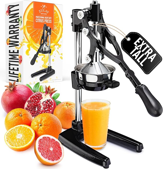 Zulay Kitchen Extra Tall Cast Iron Juicer - Fits Any Glass, Heavy Duty Manual Citrus Juicer with Detachable Strainers for Easy Cleaning, Perfect for Bartenders, Juice Lovers & Health Enthusiasts