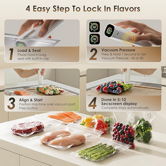 Compact Vacuum Sealer for Food (Vacuum Sealer Machine + 30 Reusable Vacuum Bags) Powerful Handheld Vacuum Sealer Machine, Featuring LED Pressure Display, Portable Food Sealer