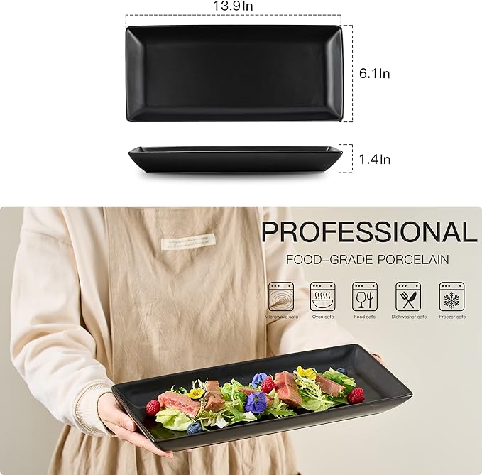 Gomakren Serving Platter Serving Dishes, 14 Inch Porcelain Serving Trays for Party, Large Serving Platters and Trays, Rectangular Sushi Plates for Entertaining Thanksgiving Christmas, Set of 4, Black