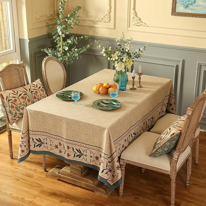 patdrea Designer French Linen Long Tablecloth for Rectangle Table,Beige Anti-Wrinkle Floral Farmhouse Table Cloth,Decor Covers for Kitchen Dining,Tea Party,Christmas,Thanksgiving,63"x102"-Fram