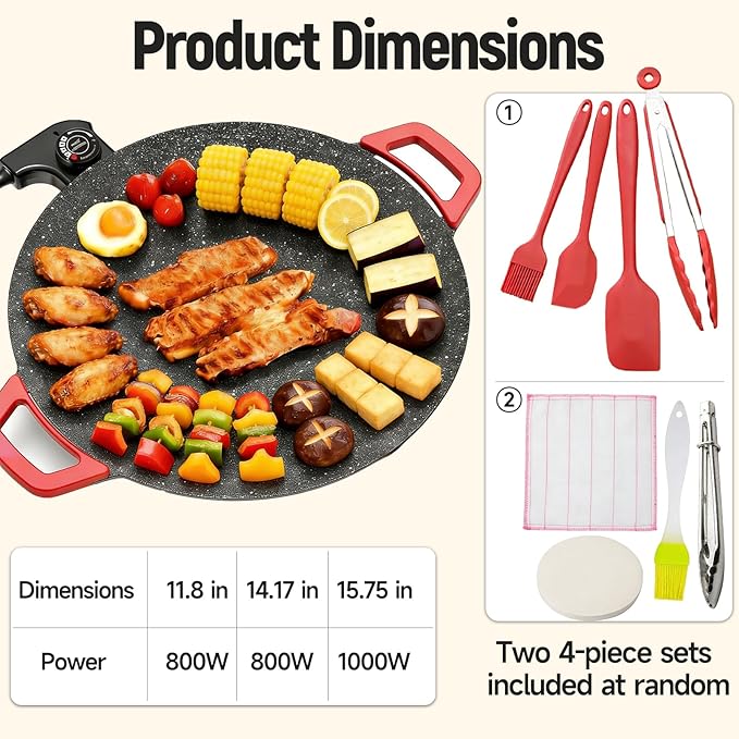 Low-Smoke Electric Grill Pan Indoor Nonstick Griddle 800W/1000W 5 Heat Settings with Random 4-Piece Accessories Easy to Clean