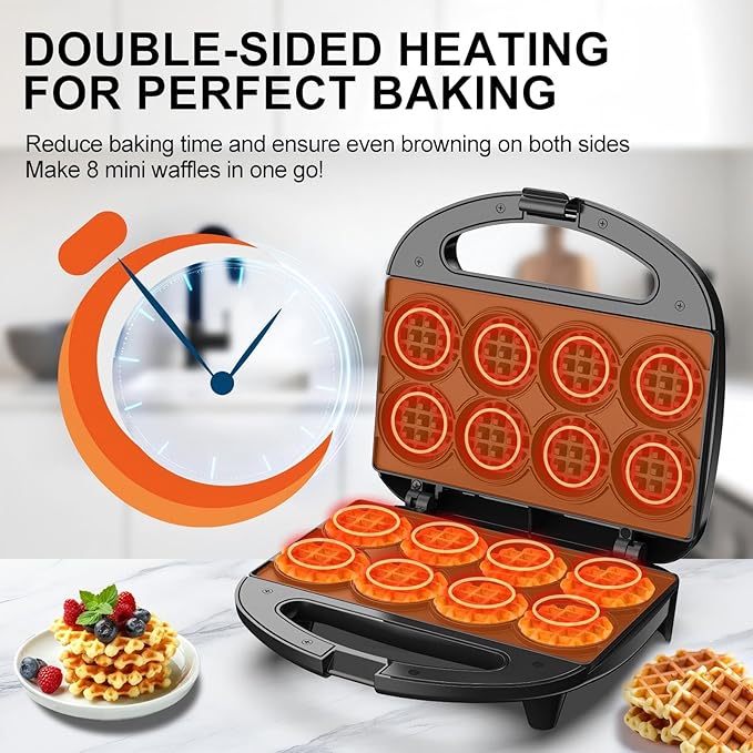 Mini Waffle Maker, Small Waffle Iron with Quick Heat-Up, Makes 8 x 2” Tiny Waffle Bites for Kids, Locking Buckle & Cool Touch Handle, Nonstick Plates, Perfect for Breakfast, Brunch, Desserts & Snacks