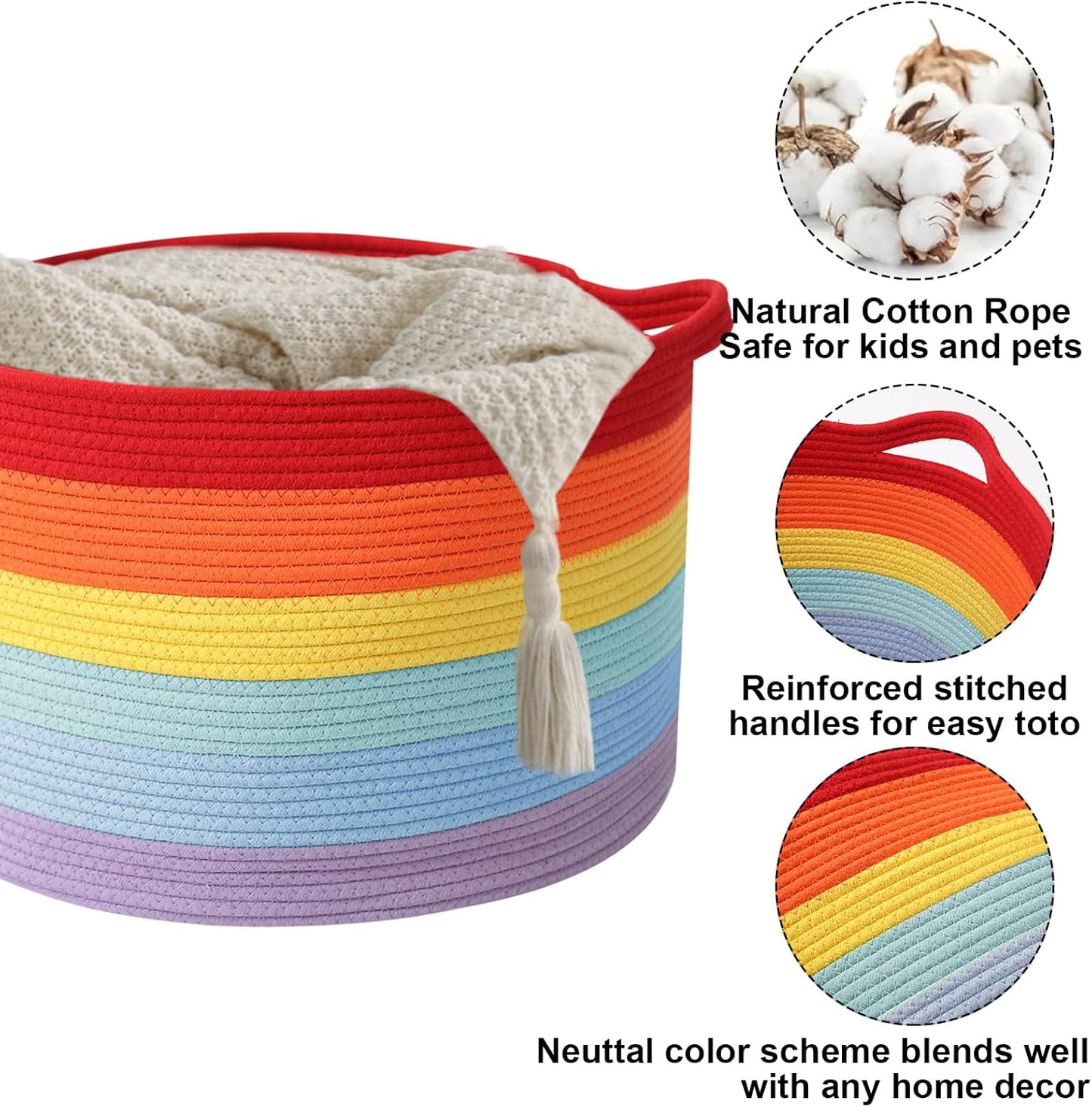 Large Blanket Basket for Organizing,115L Closet Organizers and Storage Bins Box for Shelves Woven Rope Storage Baskets,Living Room,Bedroom,Dorm,Laundry room (Rainbow)