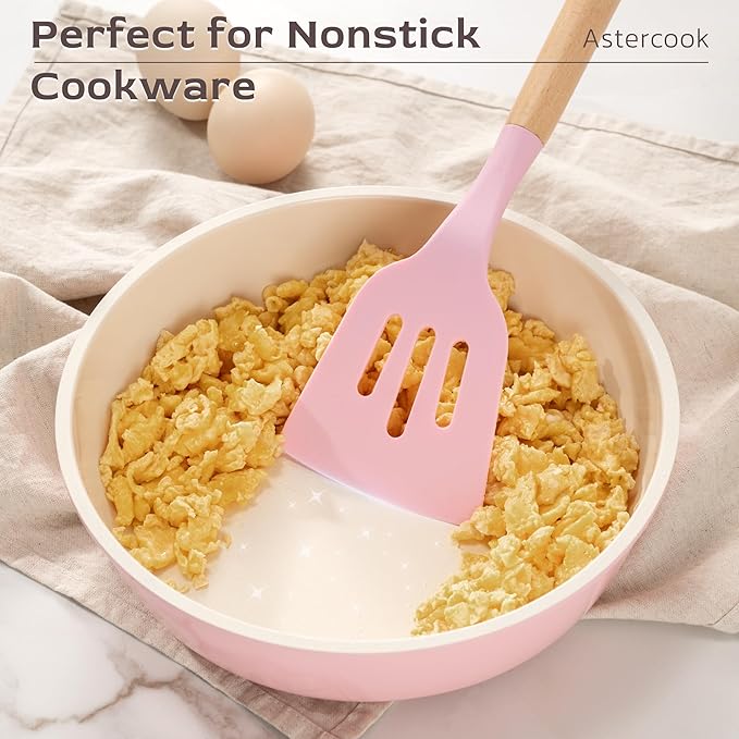 Astercook Kitchen Utensils set, 39 PCS Silicone Cooking Utensils Set with Wooden Handle, 446°F Heat Resistant Food Grade Utensil Sets, BPA Free Kitchen Gadgets Tools Set for Nonstick Cookware (Pink)