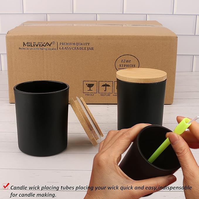 MILIVIXAY 12 Pack 12 OZ Black Matte Glass Candle Jars with Lids and Candle Making Kits - Bulk Empty Candle Jars for Making Candles - Spice, Powder Containers.