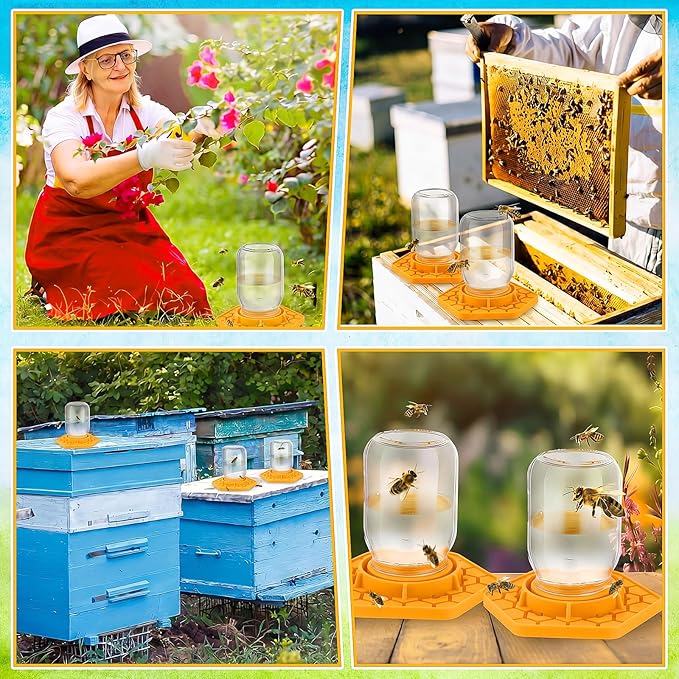 4 Pack Bee Feeder for Mason Jar Bee Watering Station Garden Silicone Sugar Water Feeder Beekeeping Drinking Equipment Tools with Mason Jars for Drinking Water (Ginger Yellow,Hexagon)