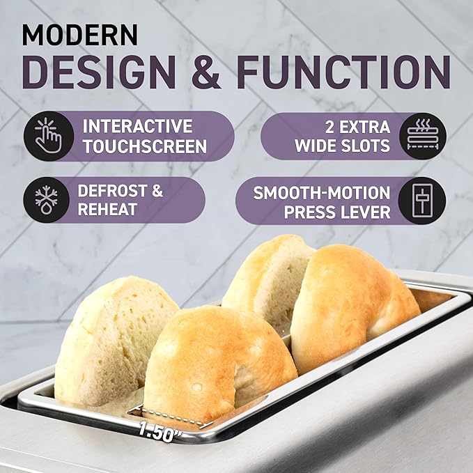 Inspirex Touch Screen Toaster - 4 Slice Long Extra-Wide Slots - 5 Bread Type and 6 Browning Levels - Defrost, Reheat, Favorite, Single Slot Settings - Stainless Steel