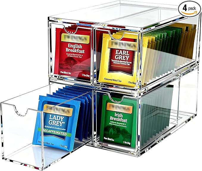 Youngever 4 Pack Plastic Tea Packet Organizers, Stackable Tea Bag Drawers, Clear Tea Bag Drawer Organizers (6" x 9" x 3.5")