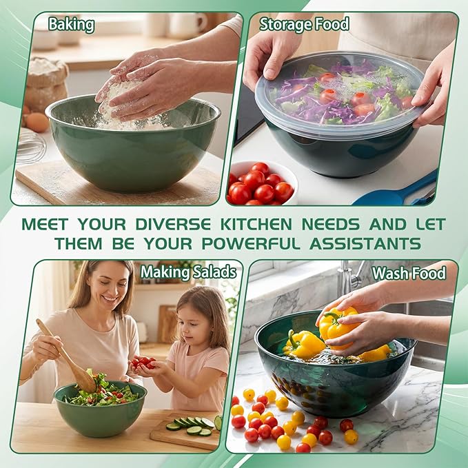 LemonRoad 6 Pcs Plastic Mixing Bowl Set with Lids Colorful Serving Bowl Nesting Storage Bowls for Kitchen, Baking, Prepping, Cooking and Serving Food, Dishwasher & Microwave Safe(Green)