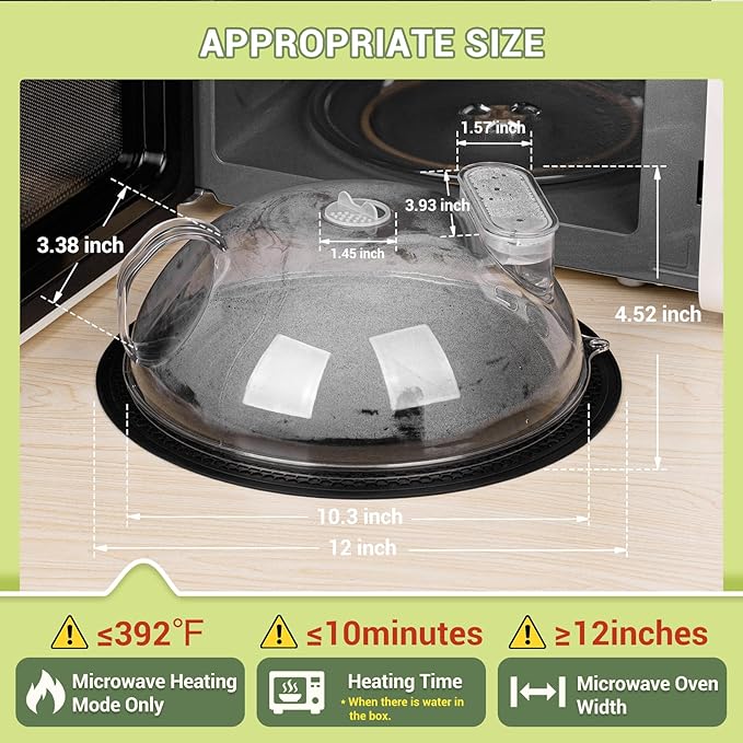 Microwave Splatter Cover for Food, Clear Microwave Lid with Water Steamer, Integrated Handle, Splatter Guard, 10” Plate Covers & 12" Mat, BPA-Free, Essential Kitchen Gadgets and Accessories