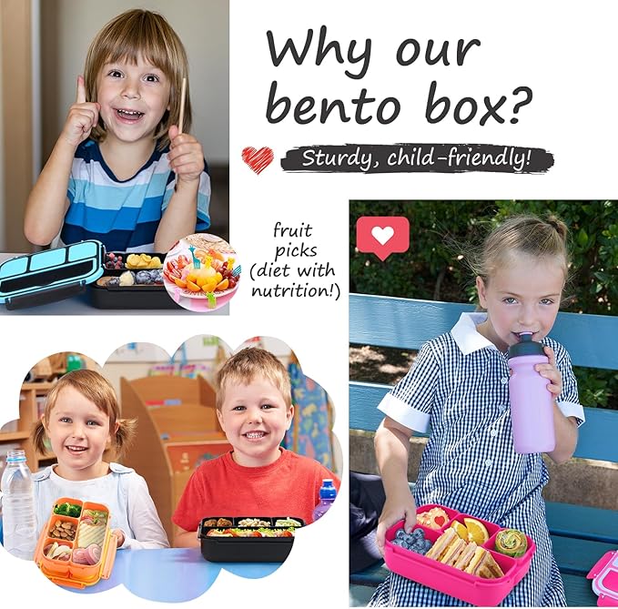 QQKO Bento Box for Kids Adults, School Toddler Lunch Box for Boys Girls, Lunch Box Containers with 4 Compartments, Sauce Container, Utensils, Food Picks and Muffin Cups for School, Black Gray