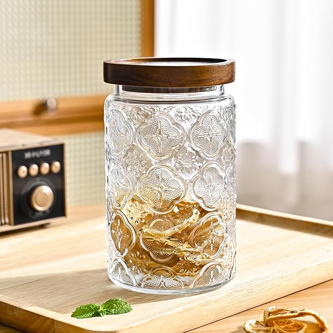 Adodeen 32oz Vintage Glass Jars With Lids, Airtight Food Storage Containers, Kitchen Canisters For Sugar, Coffee, Tea, Spice, Flour, Candy Cookie, Pasta, Cereal, Cute Decorative Jars