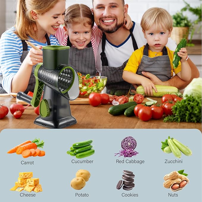 Rotary Cheese Grater hand crank, 3 Blades Cheese shredder with Stronger Suction Base | Stainless Steel Blades for Fruits, Vegetables, Nuts. Easy to Clean, Transparent Black & Green