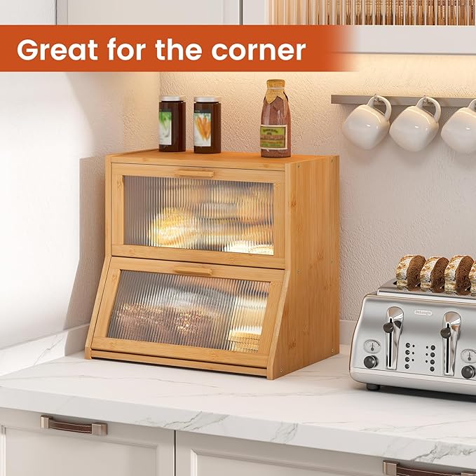 GHWIE Double Layer Bamboo Bread Box for Kitchen Counter,Large Capacity Bread Storage Bin,Bread Container with Acrylic Wavy Door Panel (Natural, Extra Large)