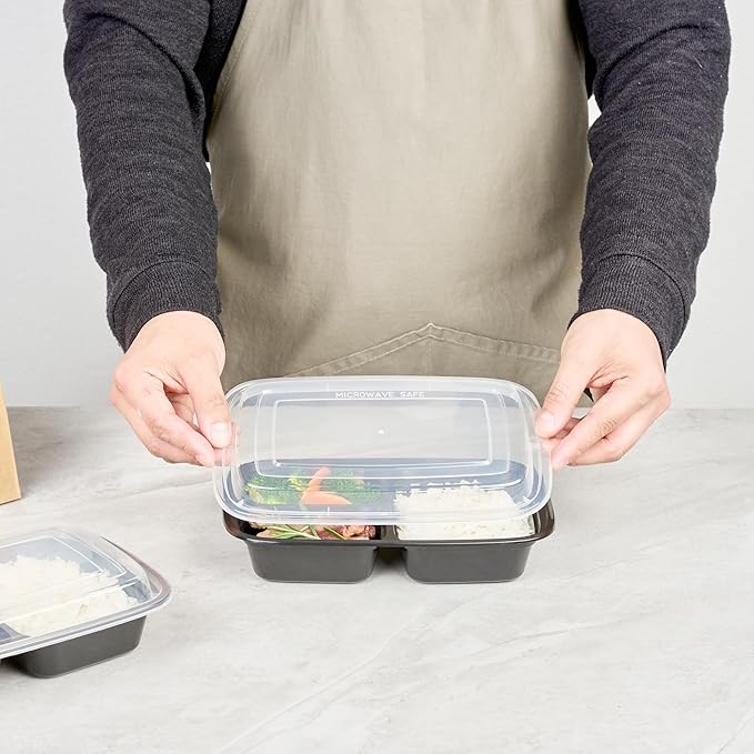Restaurantware-Asporto 26 Ounce Compartment Take Out Boxes, 50 Microwavable Meal Prep Containers - 3 Compartments, With Clear Plastic Lids, Black Plastic Food Containers, Do Not Contain BPA