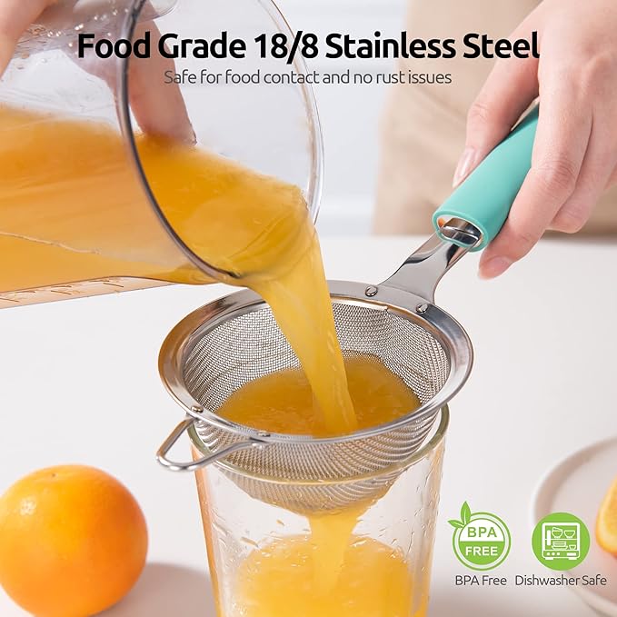 U-Taste 12 Piece Measuring Cups and Spoons Set in 18/8 Stainless Steel (Multicolors), and 18/8 Stainless Steel 3.9 inch 30 Mesh Strainer (Aqua Sky)